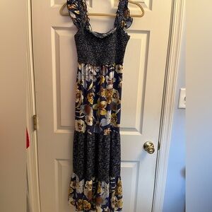 Maurices Navy and Mustard Yellow Floral Maxi Dress Xsmall